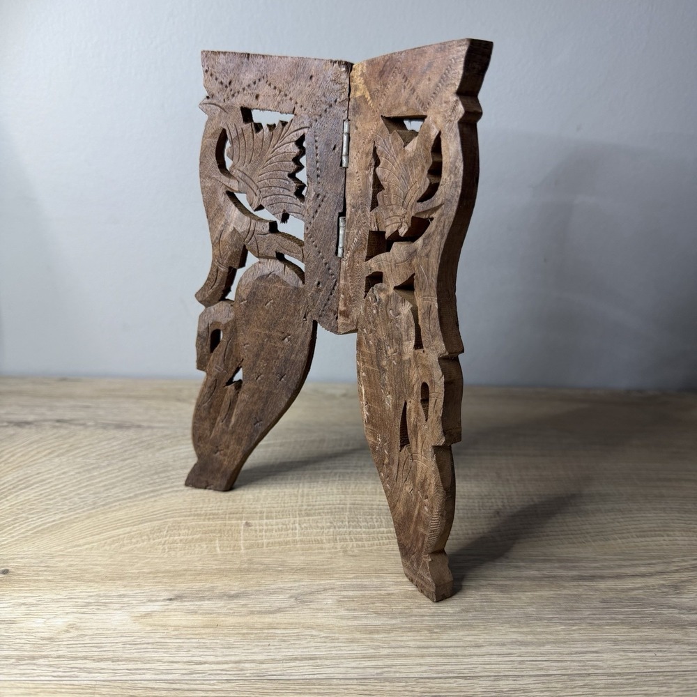 Hand‎ Carved Wooden Small Folding Book Stand Leaf Scroll Display Riser Bohemian
